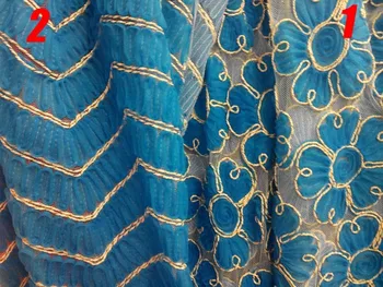 

Best new hot Blue embroidery net yarn gold thread embroidered paillette lace fabric material, wedding clothing fabric diy cloth