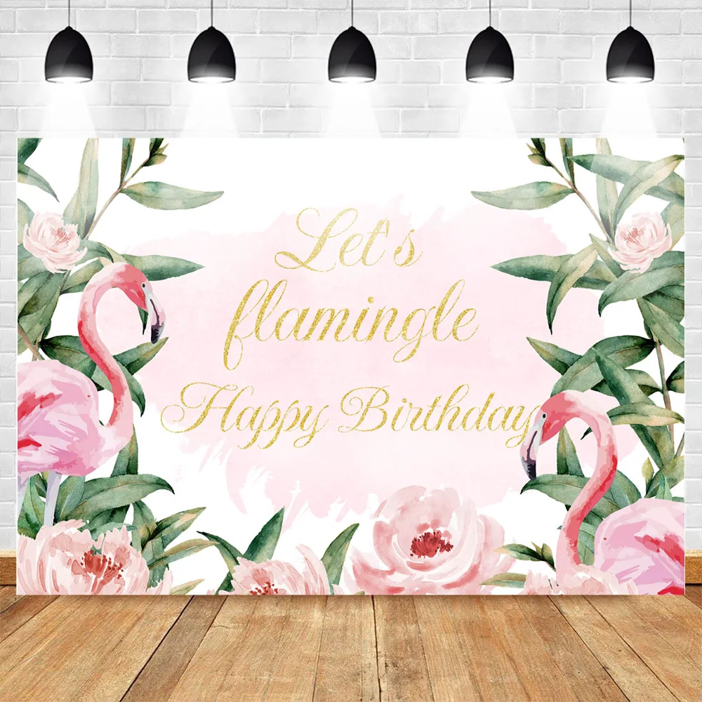 

Neoback Let's Flamingo Themed Photo Background Summer Baby Happy Birthday Background for Party Banner Decoration Pink Flowers