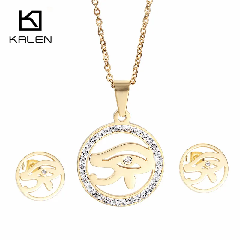 

Kalen Gold Horus Eye Pendant Necklace & Earrings Set For Women Rhinetsone Fashion The Eye of Horus Jewelry Sets Party Accessory