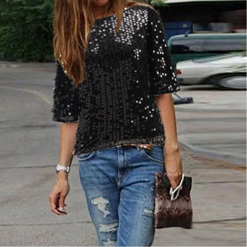 2017 New Women Casual Basic Summer Sequins Sexy T-shirt Top Tee Shirt Solid short sleeves blusas O-neck Large Size 2017 New Women Casual Basic Summer Sequins Sexy T-shirt Top Tee Shirt Solid short sleeves blusas O-neck Large Size