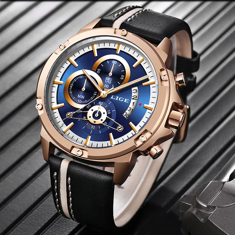 

LIGE Men Watches Fashion Chronograph Male Top Brand Luxury Waterproof Sport Watch Men Leather Military Watch Relogio Masculino