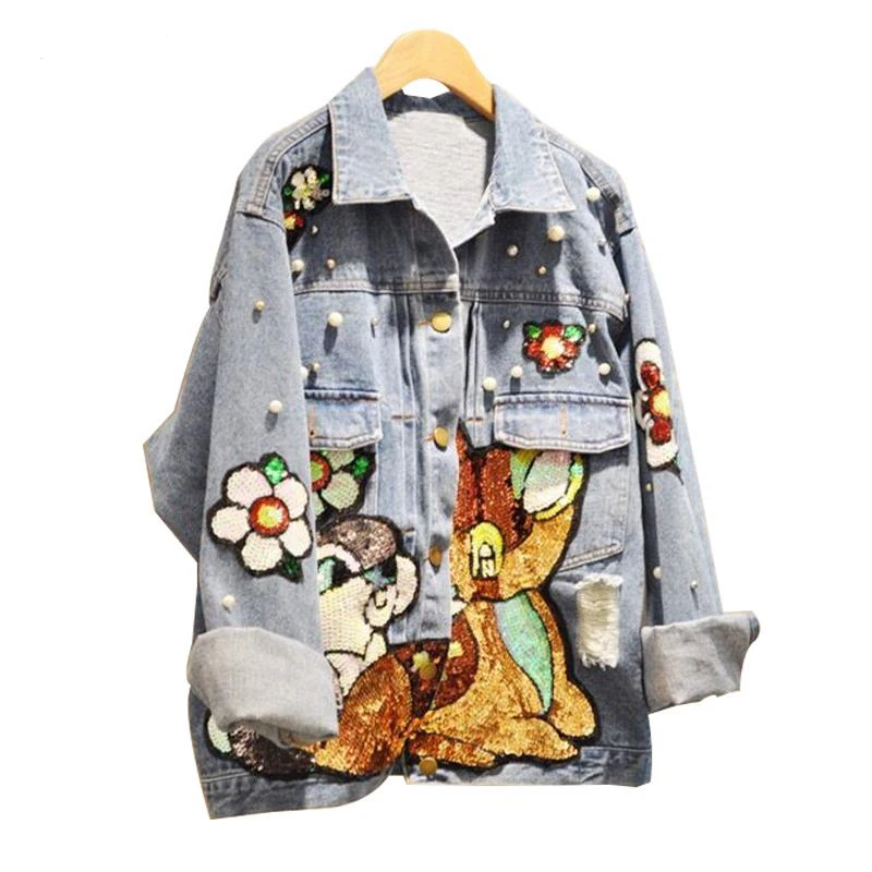Женская куртка Sherhure джинсовая с блестками и жемчугом 2019|jacket coat women|jacket coatembroidery jacket
