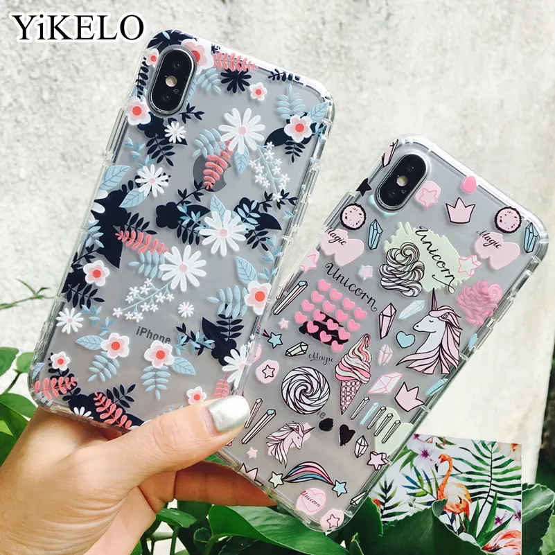 

YiKELO Cute Animal Unicorn Flower Pattern Case Coque For iPhone 8 6 6S 7 Plus X Soft Transparent Silicon Capa Cover for iPhoneX