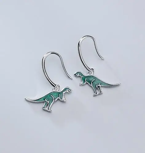 

1pair Real. 925 Sterling Silver jewelry Green dinosaur Animal dangle Hook Earrings GTLE2789