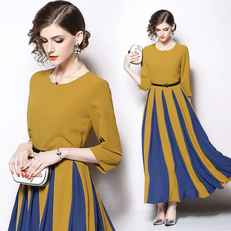 

High Quality Women Autumn Winter Dress 2018 New Stripe Slim Belt Yellow Blue Patchwork Long Party Dress Female Elegant Vestiods