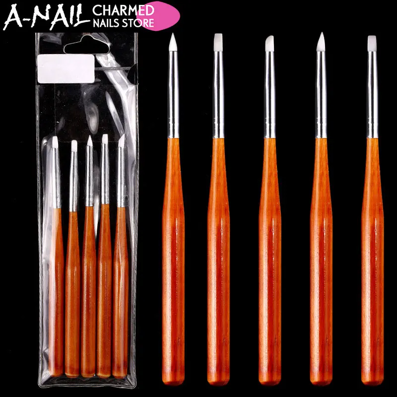 

5pcs/set Nail Art Brush Pen Silicone Head wooden Handle Carving Emboss Shaping Brush Sculpture UV gel Acrylic ManicureTools