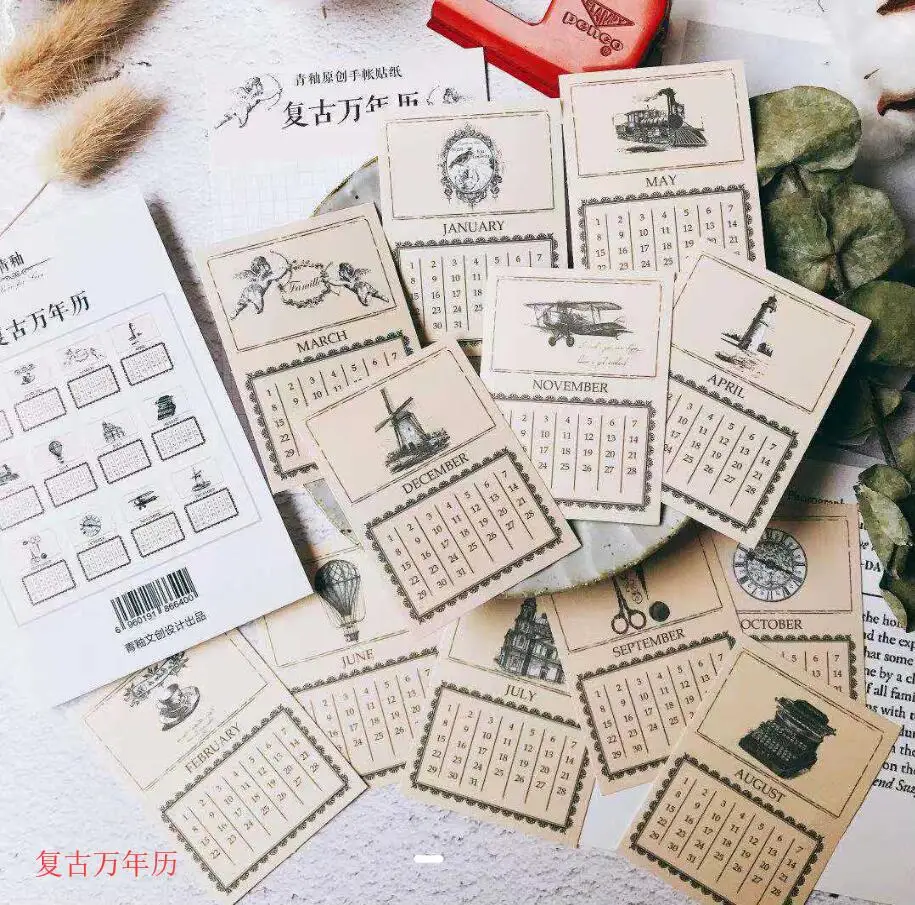 

12sheets/lot Retro Perpetual Calendars Vintage Kraft Paper Calendars Decorative Stickers DIY Scrapbooking Label planner Escolar