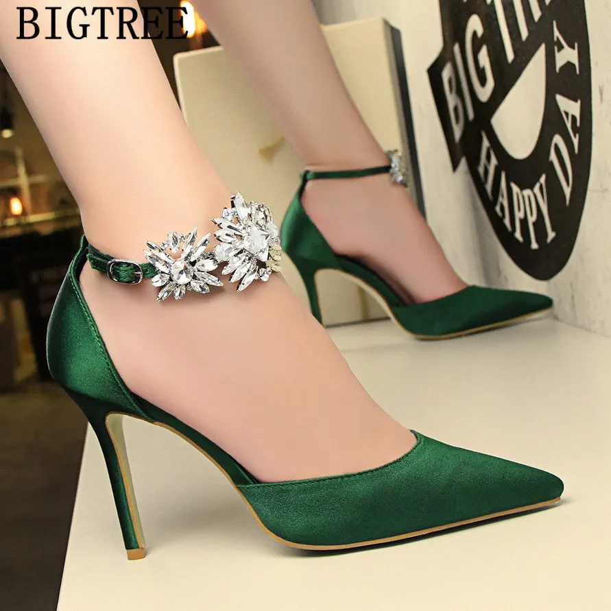 Туфли mary jane; свадебные модельные туфли на каблуке; женские туфли-лодочки; стразы на каблуке; синие туфли; босоножки на высоком каблуке; женская обувь; chaussure femme talon - Color: Green