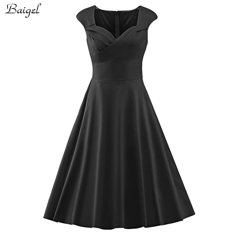 Womens Sexy V-Neck Summer Vintage Dress 50s 60s Retro Pinup Rockabilly Swing Black Ball Gown Wedding Party Dresses (4)