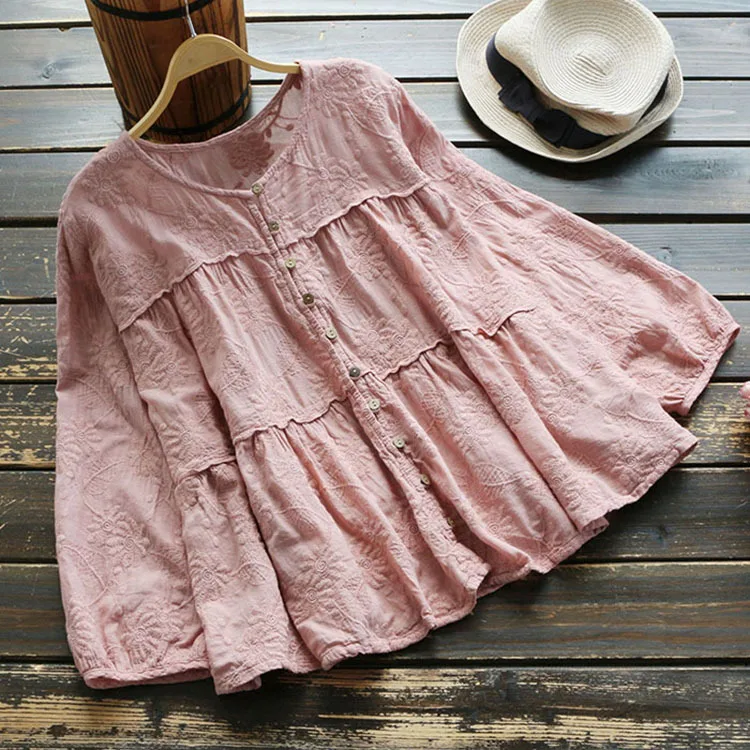 

4882 new autumn women sweety Japan style floral embroidery blouse mori girl cotton O-Neck nine quarter sleeve shirt tops
