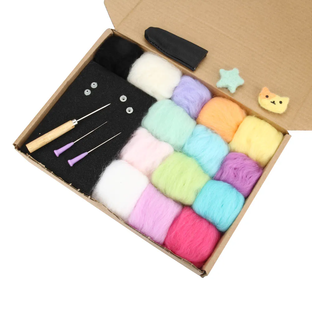 Hot New Needle Felting Wool Felt Tools Set with 14 Colors Wool Roving ...