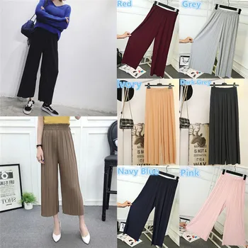 

Fashion Summer Womens Casual Chiffon Solid Pleated New Wide Leg Pants Ladies Solid Elastic High Waist Loose Women's Pants Linen