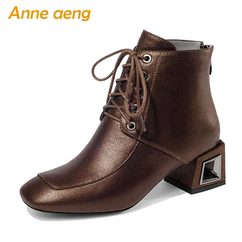 

2018 Autumn/Winter Genuine Leather Women Ankle Boots High Heels Square Toe Lace-Up Sexy Ladies Snow Boots Champagne Women Shoes