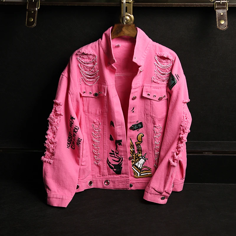 Весенне-осенняя Модная стильная женская джинсовая куртка в стиле панк, крутая джинсовая куртка с цепочкой, Рваное пальто для женщин, пальто, топы NS520