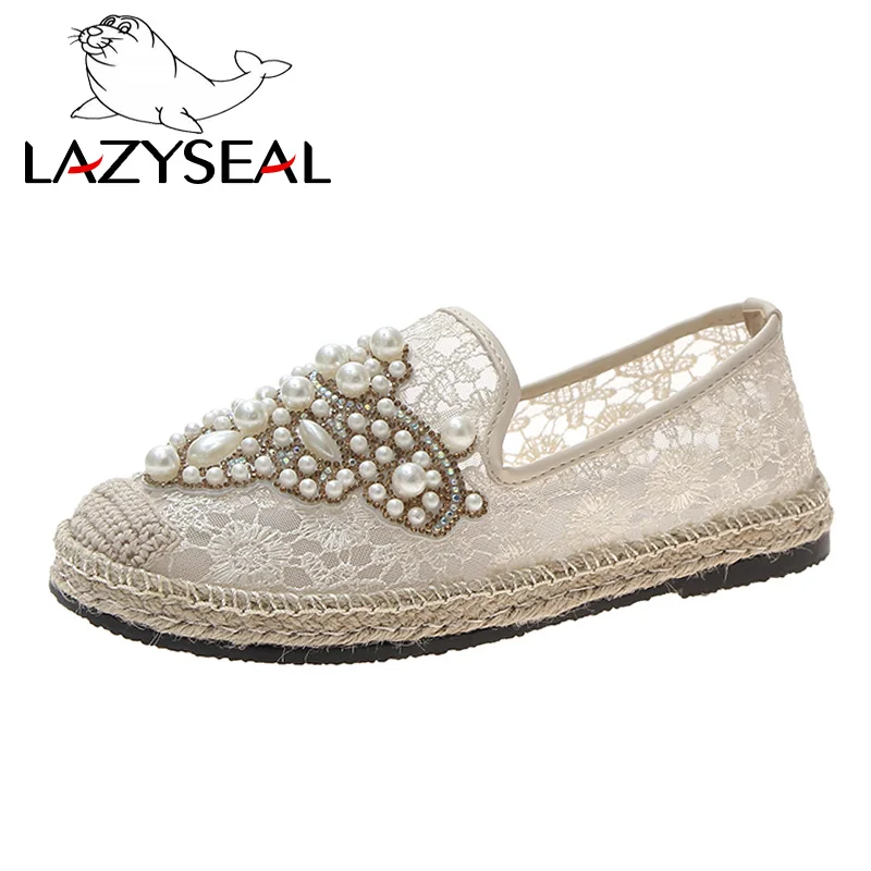 LazySeal/летние женские лоферы с круглым носком; Espadrilles; обувь из сетчатого материала с перламутровым верхом и кружевом; удобная женская обувь из пеньки; слипоны; zapato mujer - Цвет: Beige (Flats)