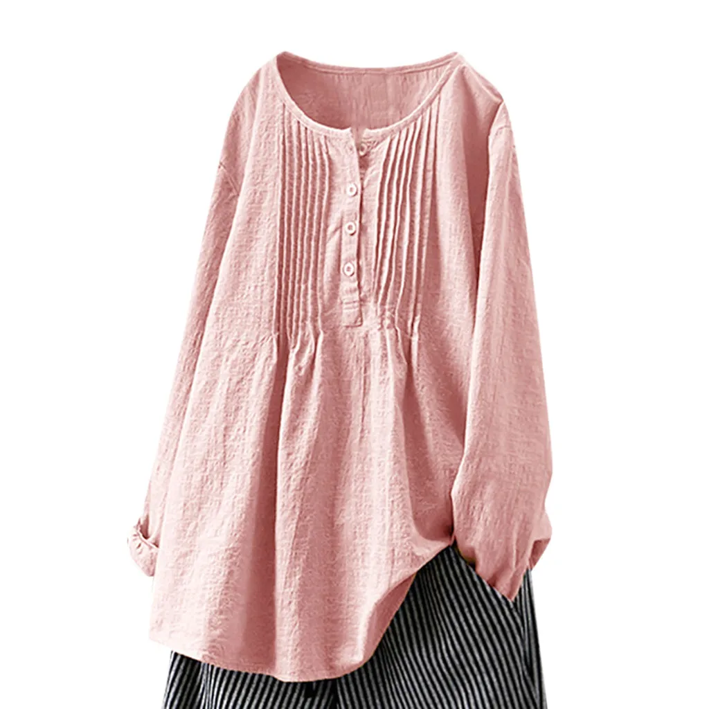 

YOUYEDIAN 2019 New Arrival Blouse Summer Fashion Women Solid Color Fold Tunic Shirt Casual Round Neck Long Sleeve Blouse Tops
