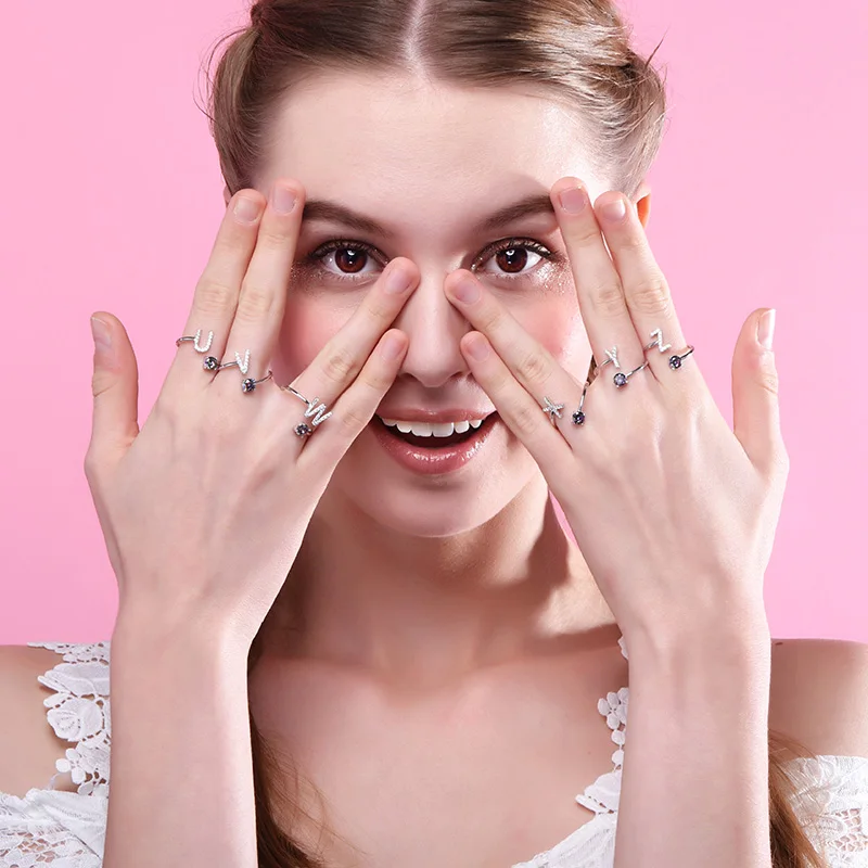 Goedkoop U7 925 Sterling Zilveren Ringen Verstelbare Beginletter Luxe Zirkoon Gepersonaliseerde Naam Sieraden Vrouwen Gift Valentijnsdag SC11