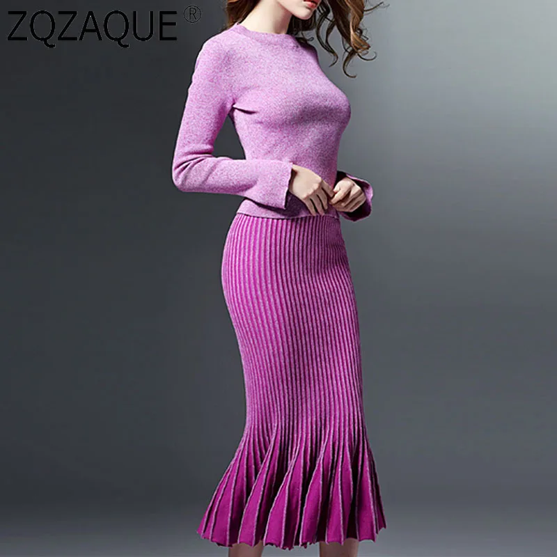 

Sexy Packaging Hip Fish Tail Knit Sweater+Skirt for Girl Long Sleeve Knit Tops Nice Skirt Suits New Fashion Women Sets Clothes