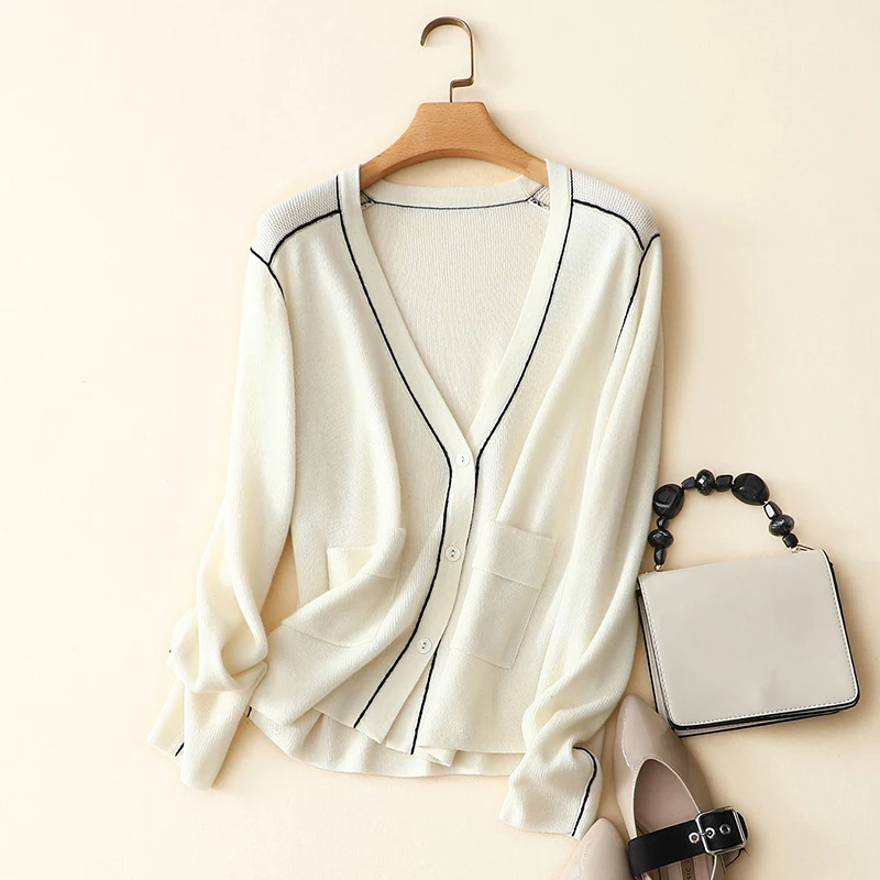 

v neck long sleeve women's spring autumn cashmere wool cardigan with pocket