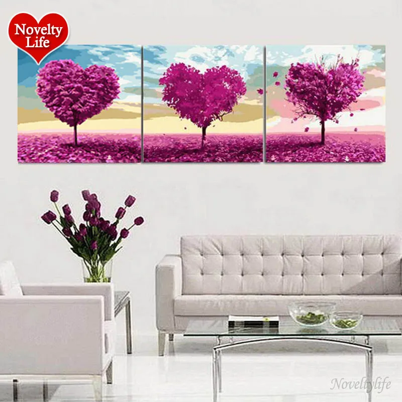 3 pces DIY Painting by Numbers Heart Tree Frame Pictures on Canvas Digital Acrylic Paint Home Decoration Unique Gift Craft Paint