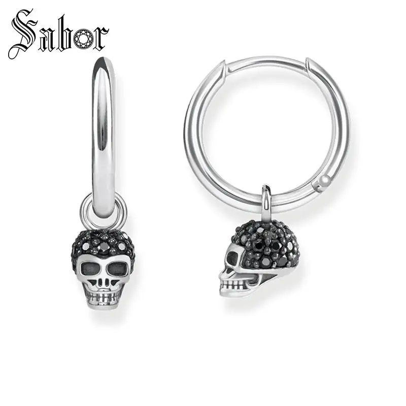 

Skull Black CZ Pave Creole Small Hinged Hoop Earrings 2019 New Jewelry party 925 Sterling Silver Gift For Women Men thomas