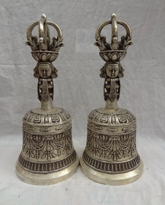 

S4573 14" Tibet Silver Buddhism Collect Mahakala Buddha Head Statue Talisman Bell Pair D0318