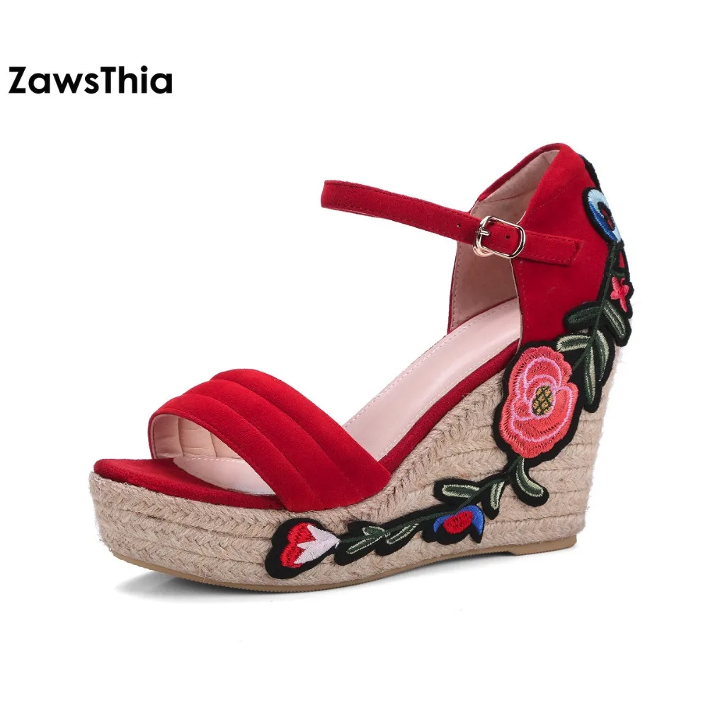 

ZawsThia Woman Embroidered Sandals Summer Wedges Women's embroidery Platform floral open toe high-heeled shoes sandalia feminina