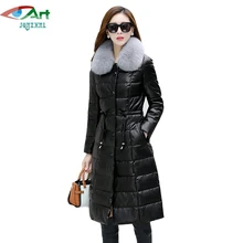 JQNZHNL зимняя женская пуховая хлопковая кожаная куртка с меховым воротником модная женская утепленная хлопковая кожаная куртка средней длины P105