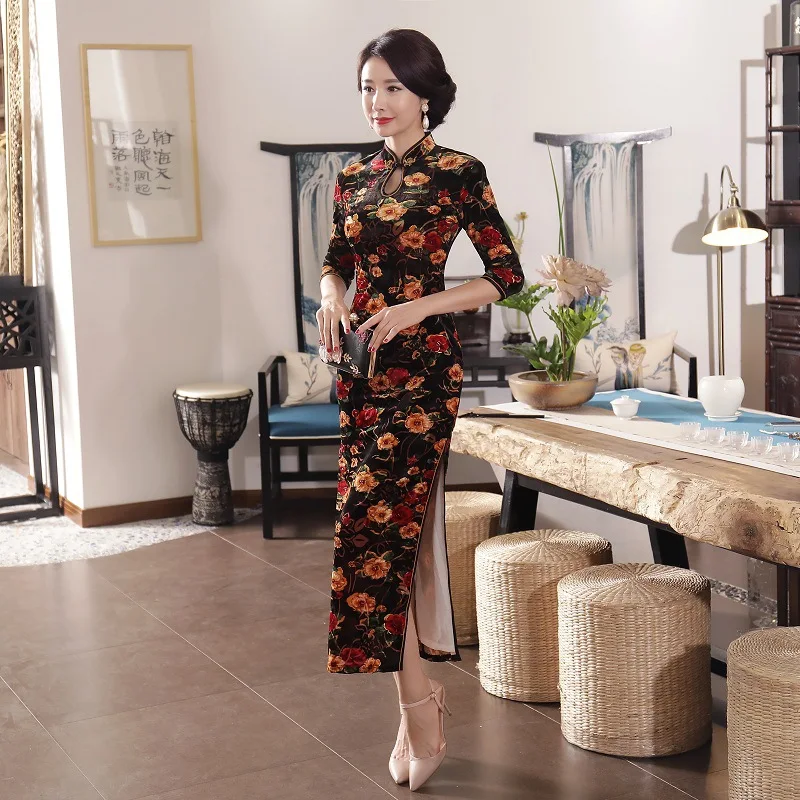 Китайский длинное платье Для женщин бархат среднего рукавом Cheongsam