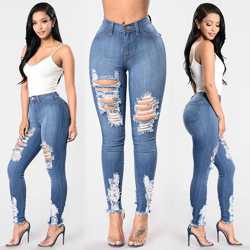 2018 Sexy Womens Ripped Denim skinny Jeans Women Blue High