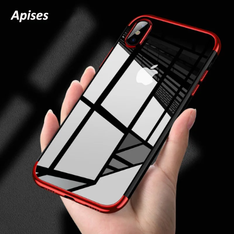 

Apises TPU Gold Plating Glitter Clear Case For iPhone 7 6 6S Plus Transparent Silicone Case for iPhone 7 8 Plus X Case