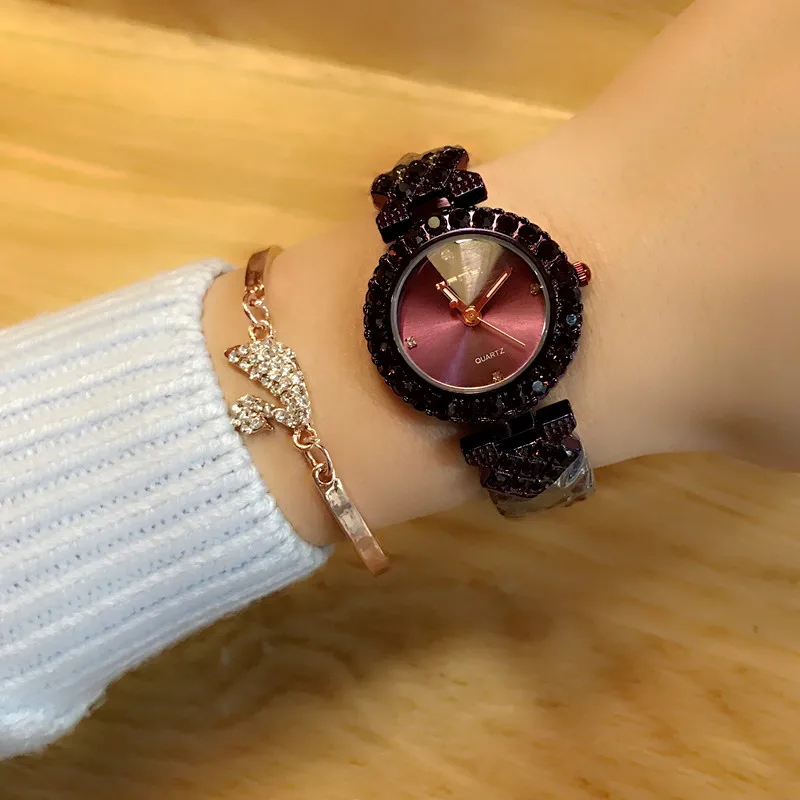 

2019 Crystal Glass Surface Watch Fashion Rhinestone Watch High Quality Steel Belt Female Small Dial Shining Lady Quartz Watch