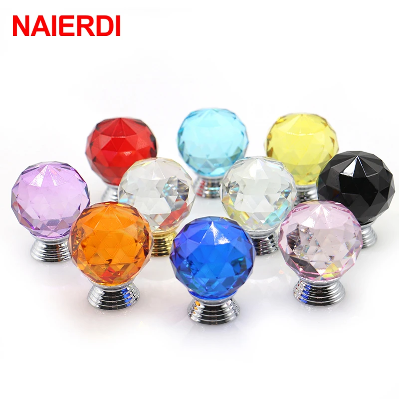 Naierdi 30mm Round Diamond Crystal Glass Knobs Cupboard Pulls