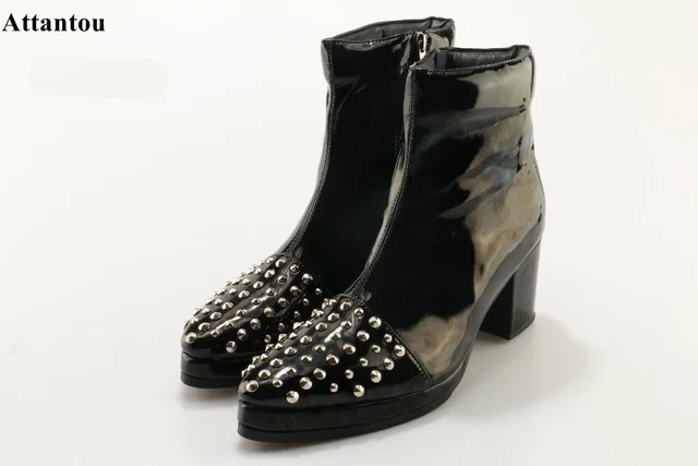 Women's Punk Studded Buckle Pointed Toe Short Motor Ankle Boots With Heels Women's Punk Studded Buckle Pointed Toe Short Motor Ankle Boots With Heels