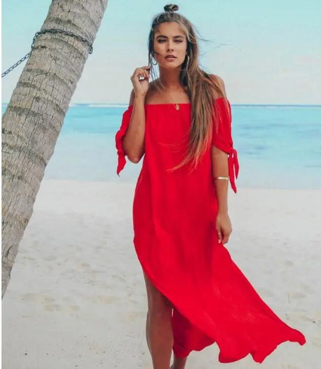 

Women Long Dress Summer Sexy Maxi Dress Sexy Off Shoulder Bow Mid Sleeve Beach Dress Split Long Party Dresses Vestidos