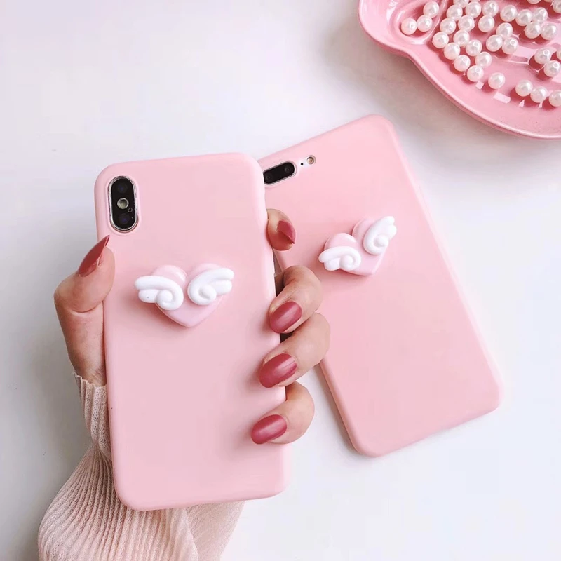 

Korea Japan Cute 3D Love herat Wings Pink soft case for iphone 5 6 6s 7 8 plus X cover for samsung galaxy S6 S7 edge S8 S9 note