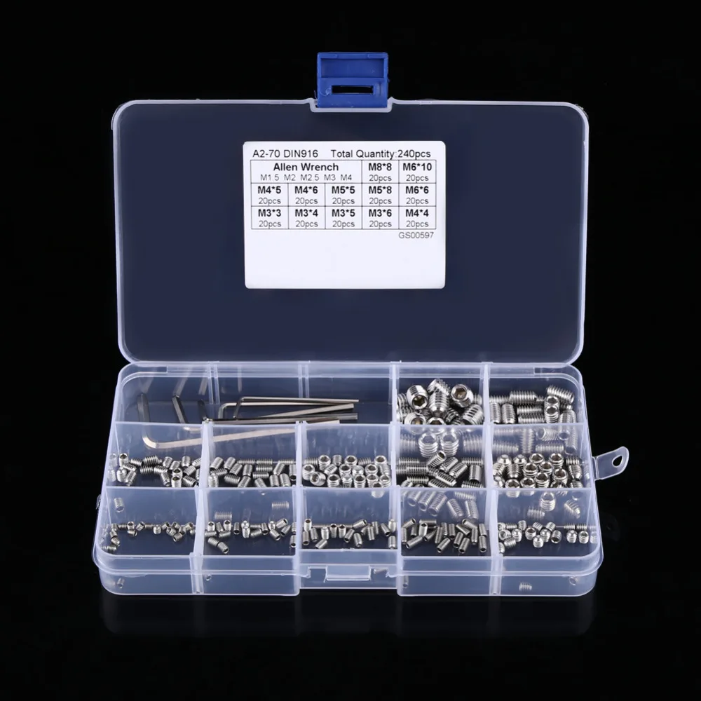 

240pcs/Set M3/M4/M5/M6/M8 Hex Socket Set Screws Assortment Kit with Hex Keys