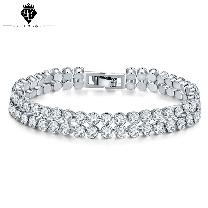 

Cubic Zirconia Double Row women for Bracelet Zinc Alloy Pave Setting Bridal Wedding gift classic round Link Chain Jewelry
