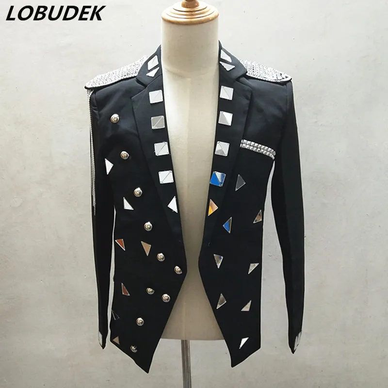 Silvery Rivet Mirrors Blazers Black Slim Coat Nightclub Sequins Stage Costume Men Singer Host Performance Clothes Outerwear | Мужская