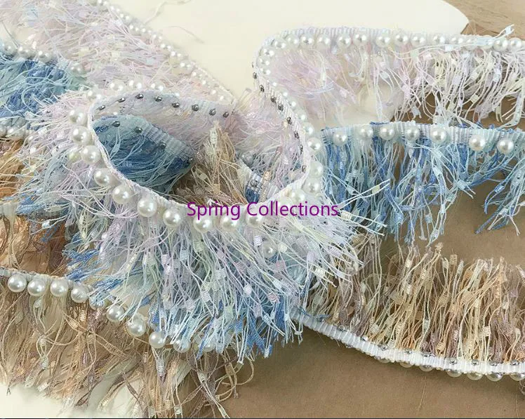 2yards Width35mm Handmade pearl fringe beaded small fragrance lace dangle garment trimmings for dancing dress clothing accessory