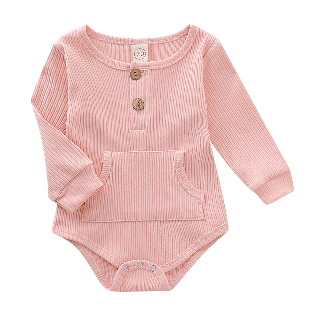 Infantil/детский однотонный хлопковый боди с круглым вырезом для новорожденных мальчиков и девочек, детские ползунки для девочек, боди с длинными рукавами, одежда для малышей - Цвет: Розовый