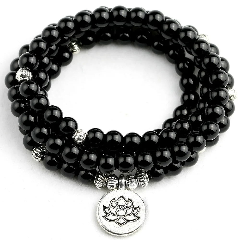 New Design Lotus Charm Pendant Elastic 108 Pcs Mala Bright Black Onyx Stone Bead Bracelet Men Women Jewelry | Украшения и