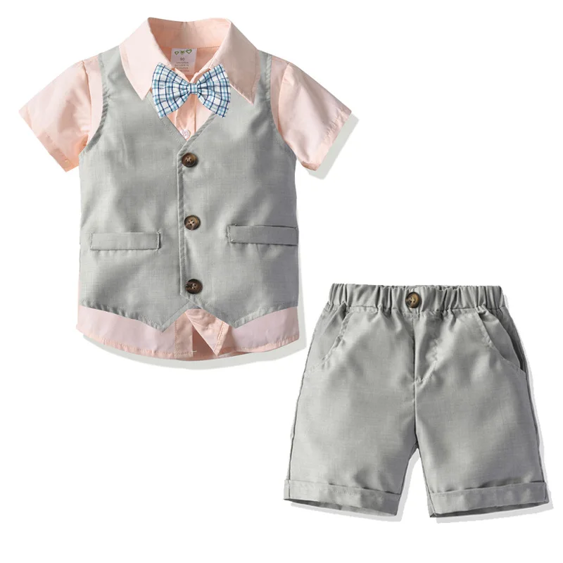 

New Baby Boys Gentleman Suits for Birthday Children Clothes 100% Cotton Kid Short-sleeved Shirt with Bow-tie Vest and Short Set