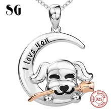 925 Sterling Silver Rose Dog Moon Jewelry Accessories Necklace Pendant Women Silver Romantic Rose Dog Moon Chain  Gift