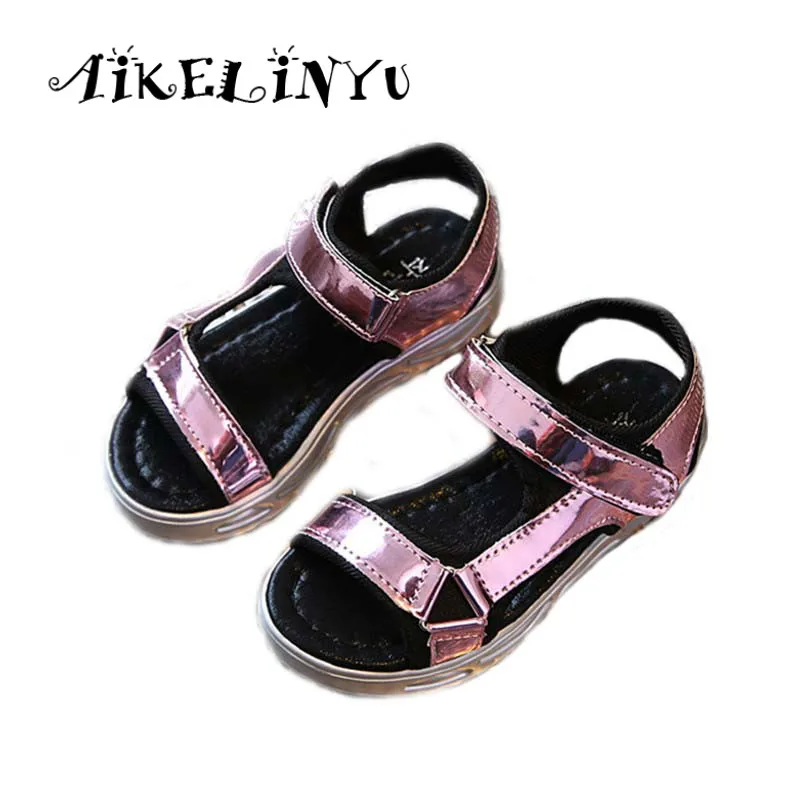 

2018 Summer Shiny Girls Golden Sandals Children Casual Leather Sandals Pink Kids Flat Shoes Girl Golden Silver Beach Shoes Boys