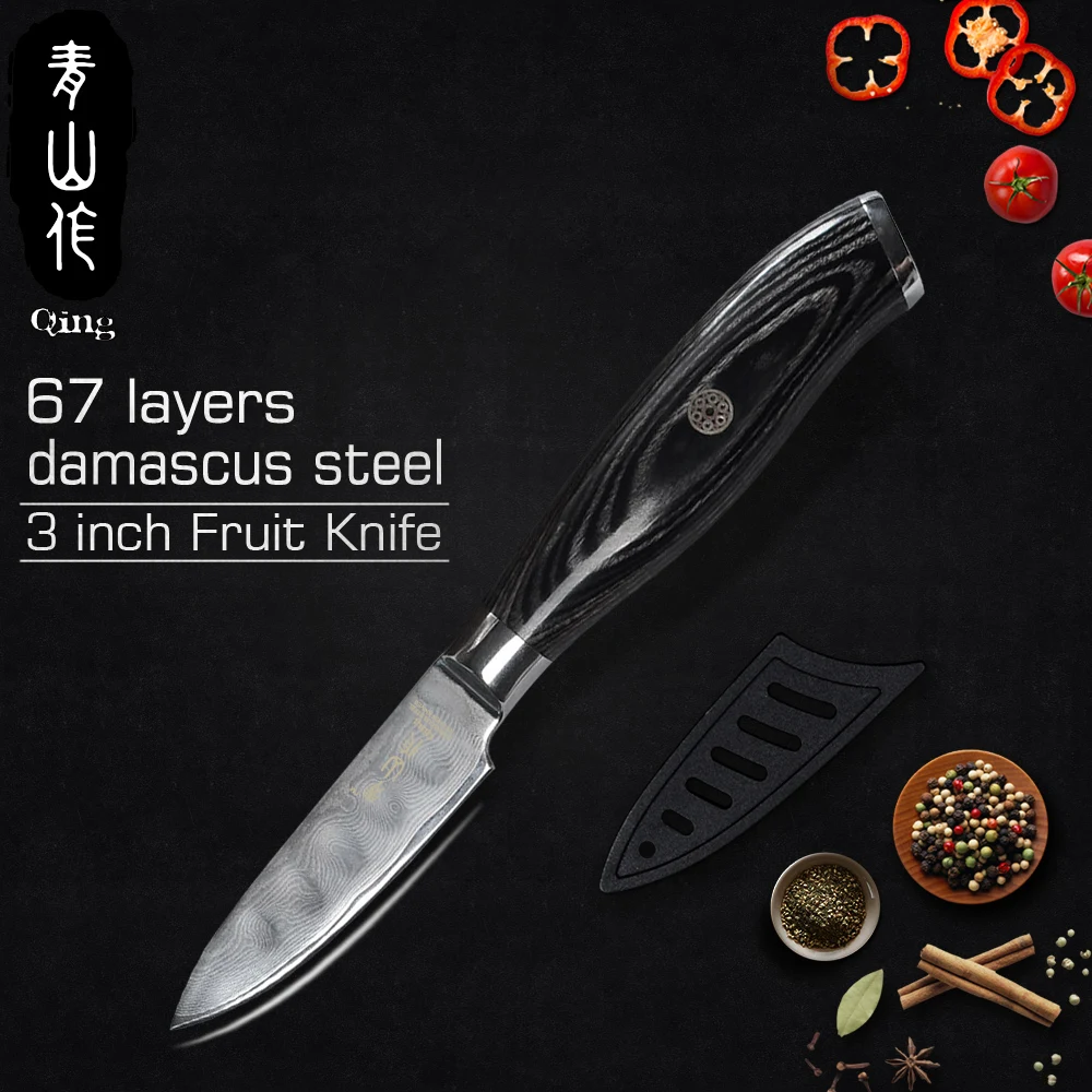 

QING Brand 3 inch Damascus Steel Kitchen Knife Paring Kinves VG10 Damascus Steel Fruit Cooking Tools Super Japanese Steel Core
