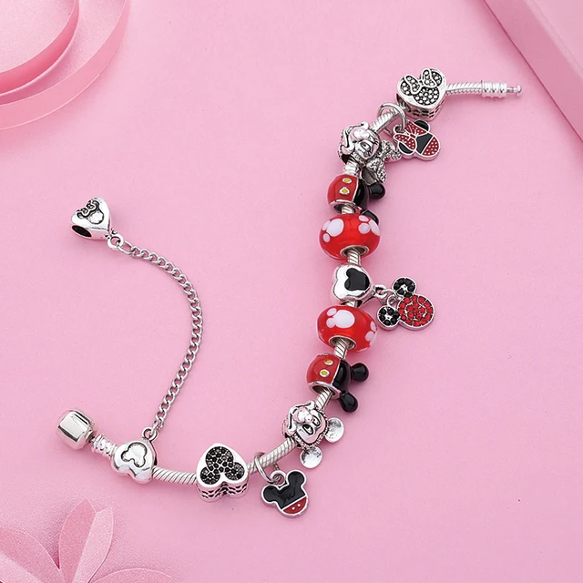 2020 Classic Design Red Crystal Mickey Minnie Pendant Bead Bracelet Silver Color Heart Charm Jewelry Bracelet Pulsera Mujer 1