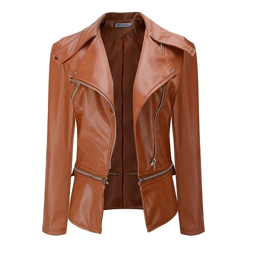 Sisjuly PU кожаная куртка пальто женщины Зима Осень панк стиль черный тонкий молния отворот воротник мотор мода плюс размер куртка пальто - Цвет: Brown