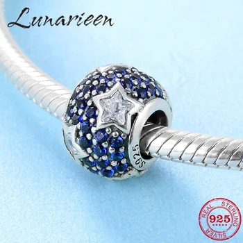 

Hot 925 sterling silver White five-pointed star blue zircon round DIY beads Fit Original Pandora Charm Bracelet Jewelry making