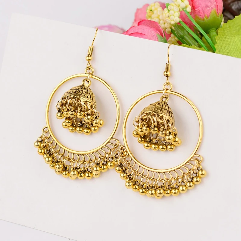 Charme Gouden Kleur Grote Ronde Cirkel Dangle Oorbellen Voor Vrouwen Indian Zigeuner Sieraden Bohemen Etnische Kleine Bells Druppel Kwastje Oorbel|Druppel Oorbellen| -